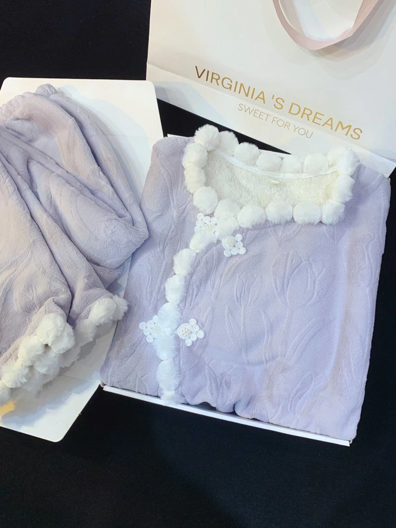 2024秋冬季新款睡衣女法兰绒加绒加厚保暖爆款紫色长袖家居服套装