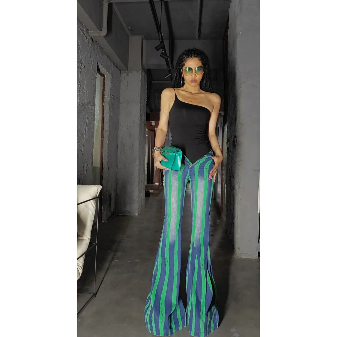 【蓝绿条纹牛仔大喇叭】AOAOMISSSHOP鳌鳌家长裤57-160-2