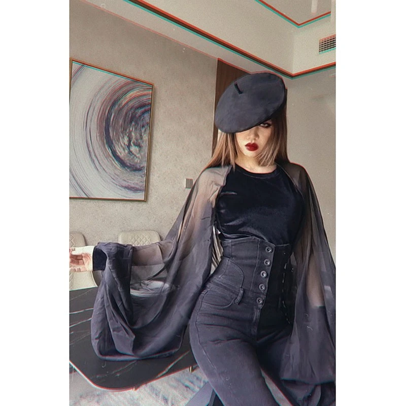 【金丝绒拼接30D雪纺上衣】AOAOMISSSHOP鳌鳌家黑色泡泡大袖子57-2