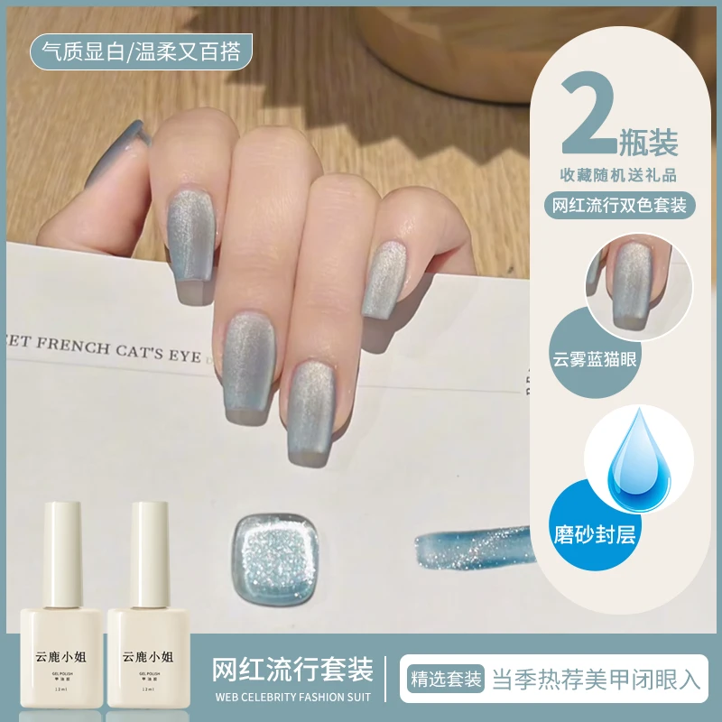 夏季云雾蓝色猫眼甲油胶2025年新款流行显白冰透双色套装美甲专用