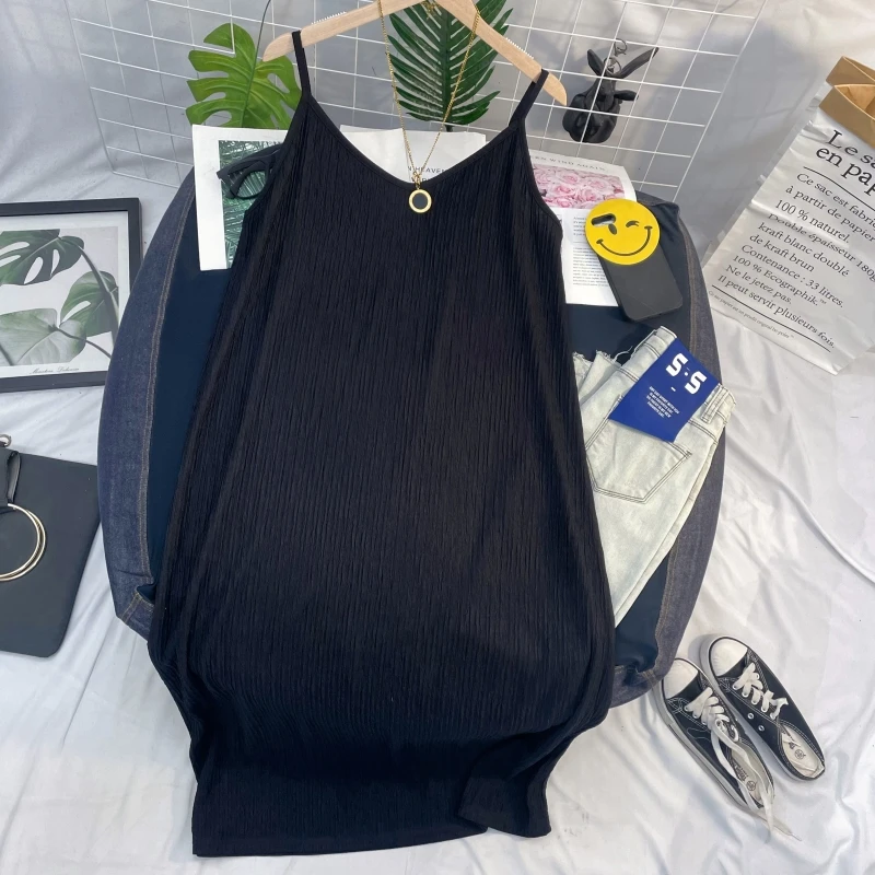 大码胖MM显瘦减龄吊带连衣裙无袖黑色百搭休闲时尚V领长裙子春夏