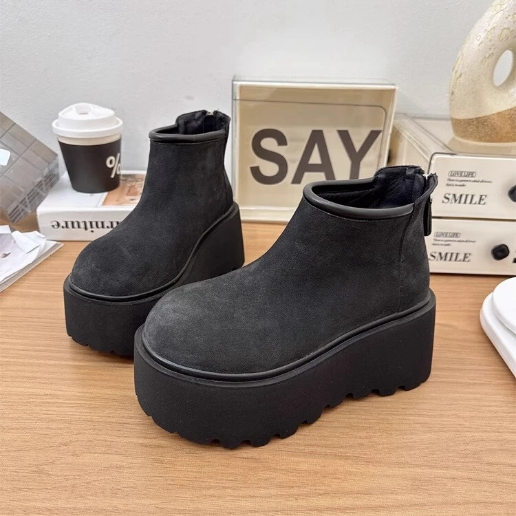欧货2024冬季新款松糕厚底马丁靴女磨砂皮小个子时尚增高加绒短靴
