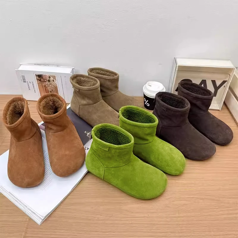 2025冬季新款百搭平底马丁靴女加绒保暖棉靴一脚蹬丑萌大头雪地靴