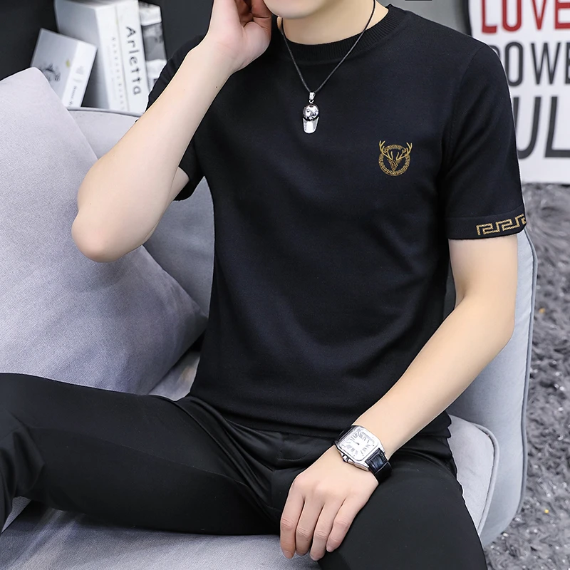 半袖毛衣男士春秋季新款圆领针织衫潮流个性青年短袖t恤打底衫男