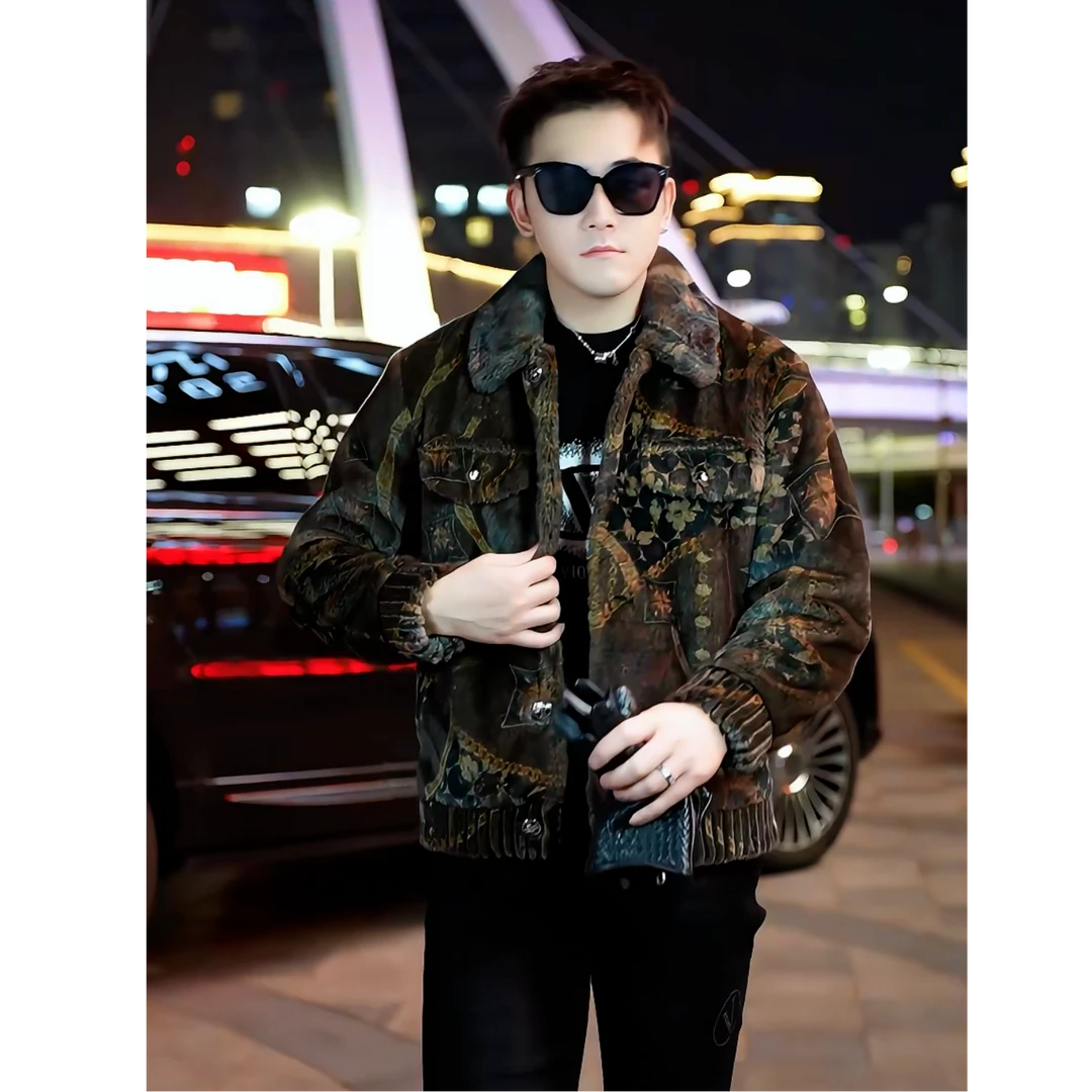 2025冬季简欧轻奢成熟痞帅提花翻领雪狼雕夹克休闲潮牌修身外套男