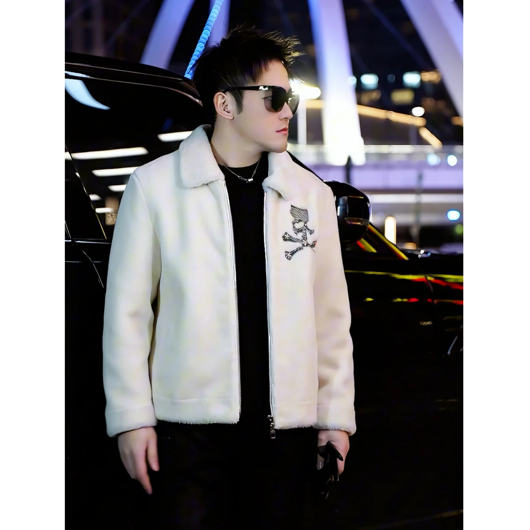 2025冬季轻奢刺绣痞帅翻领潮流羊毛夹克休闲潮牌修身毛绒外套男