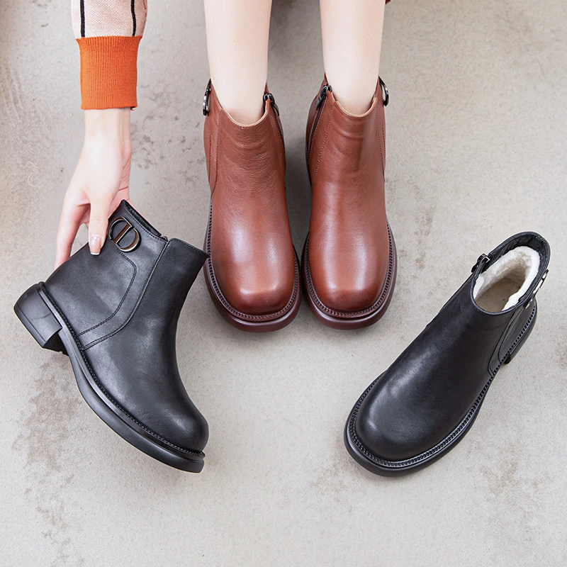 122-1  2024冬季保暖加绒妈妈鞋中老年圆头软底软面短靴平底时尚