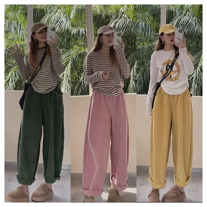 佟掌柜-【加绒泡泡裤】彩色加绒条绒韩系百搭泡泡裤7879