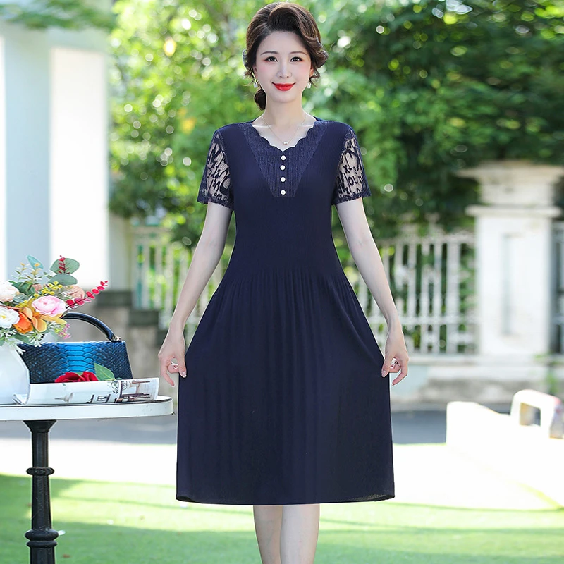 雪纺短袖连衣裙中年妈妈装夏季新款大码中长款气质连衣裙时尚洋气