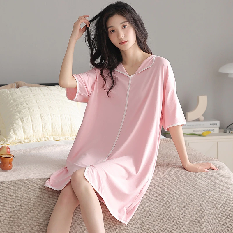睡裙女夏莫代尔半袖带胸垫中裙甜美休闲宽松薄款夏天可外穿家居服