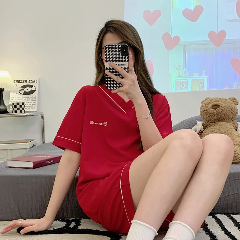 ins风休闲睡衣女夏季红色简约V领短袖两件套装学生薄款韩版家居服