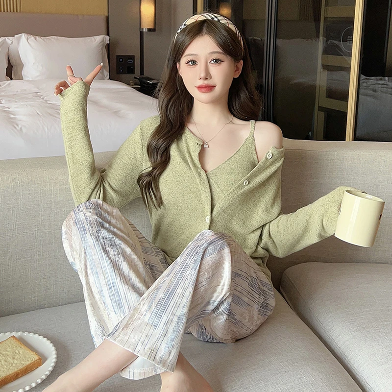 三件套睡衣女秋冬季长袖金丝绒带胸垫韩版甜美休闲2023新款家居服