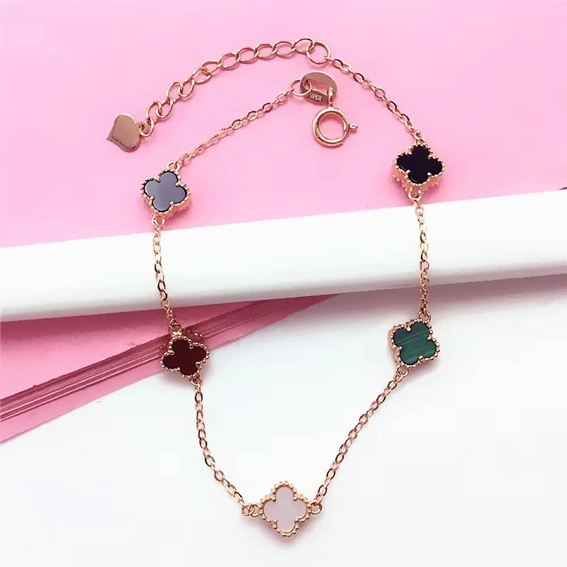 彩色玛瑙小五花四叶草手链时尚气质百搭14K玫瑰金手链