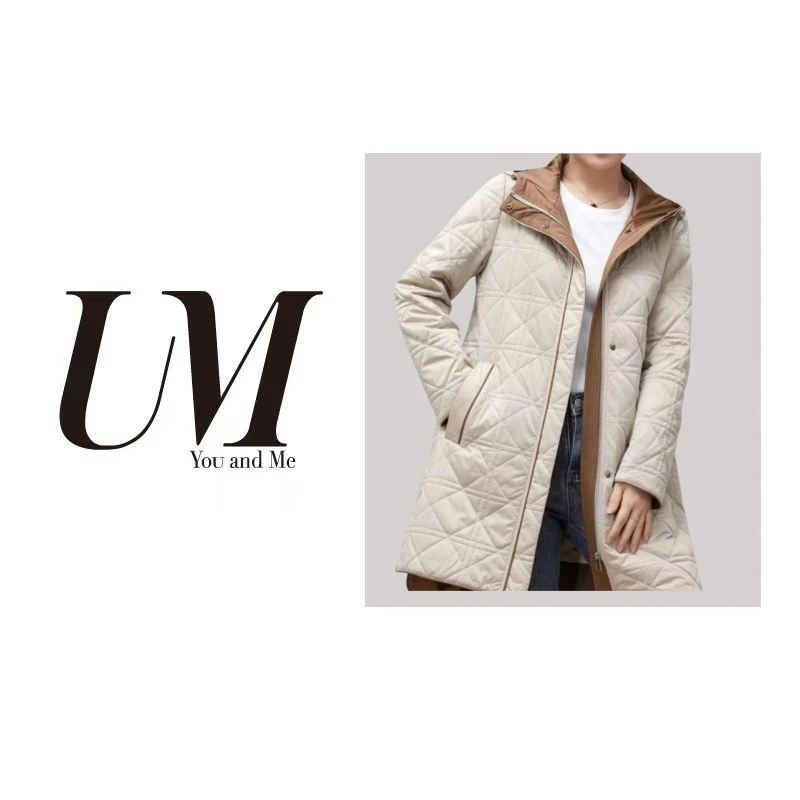 【U.M】老钱风菱格连帽中长款棉服外套保暖休闲百搭