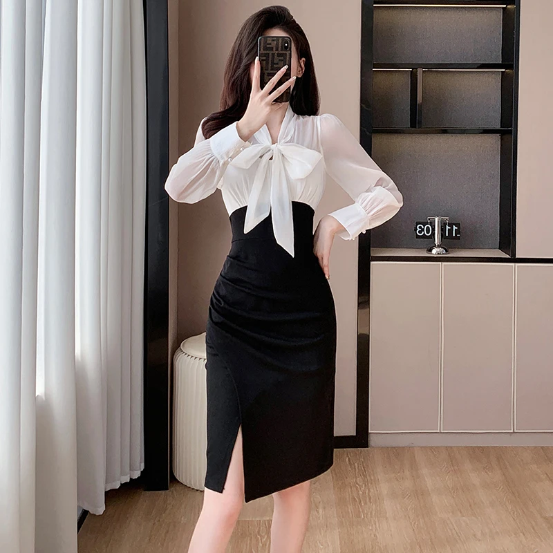 刘伊朵Y5309春秋新款时尚名媛气质御姐修身蝴蝶结开叉拼接连衣裙