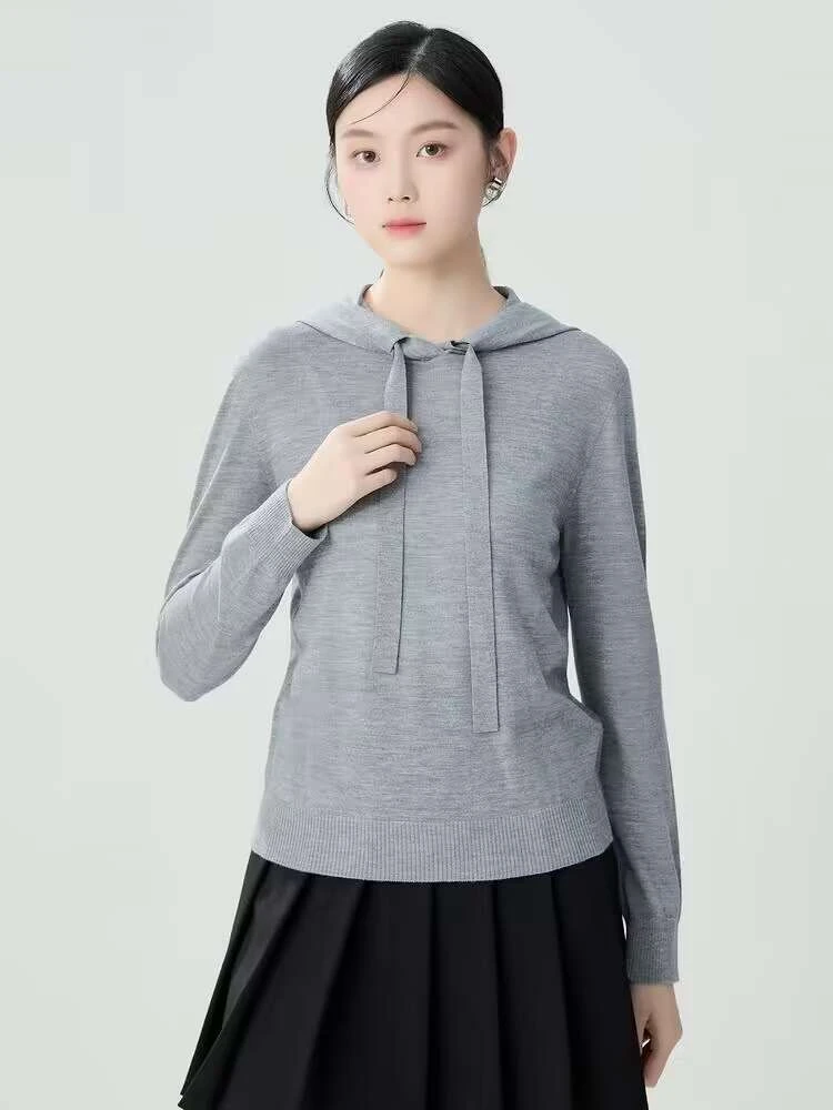 【商场同款】连帽长袖针织衫显瘦百搭纯色抽绳羊毛卫衣女1399450