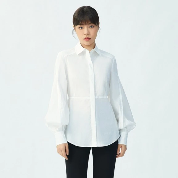 【商场同款】灯笼袖衬衫时尚显瘦纯色休闲气质收腰长袖上衣1300726