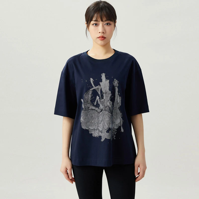 【商场同款】印花圆领深色T恤时尚百搭休闲宽松潮流纯棉上衣1300902