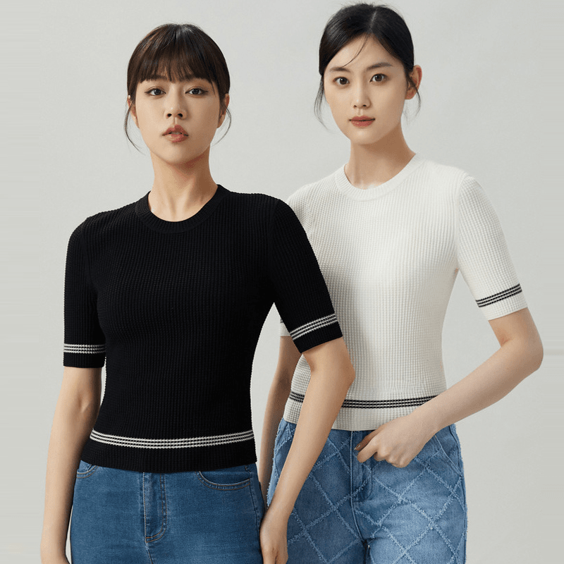 劲册 【商场同款】冰丝T恤字母短袖时尚圆领百搭简约修身针织衫女A301196