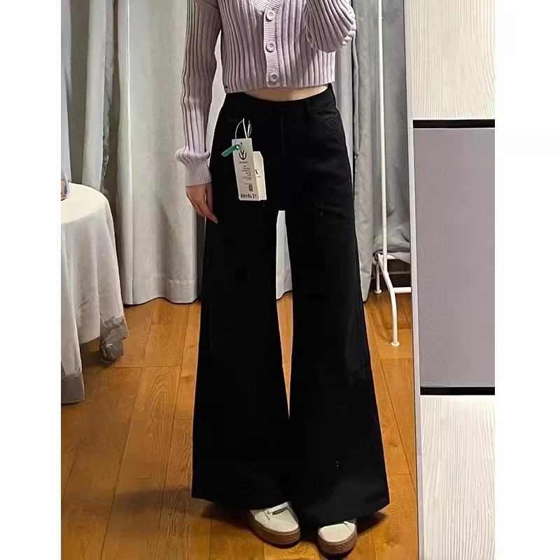 黑色A版微喇叭牛仔裤女大码胖mm宽松显瘦不贴腿阔腿直筒裤子秋冬