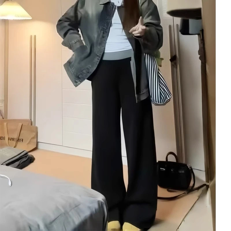 黑色拼接休闲裤女秋冬加绒大码胖mm宽松显瘦梨型身材阔腿运动卫裤