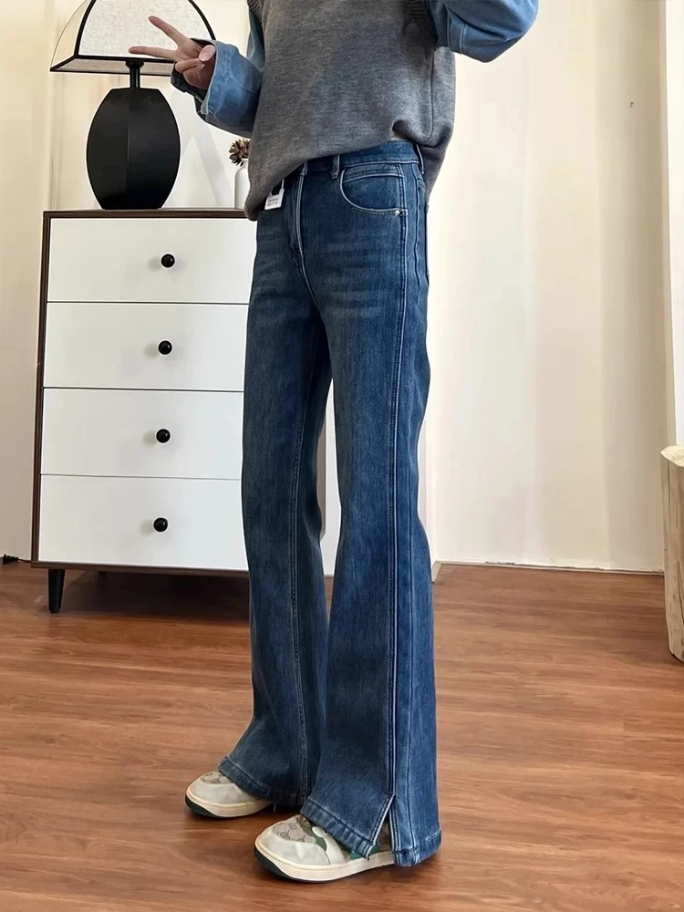 小个子开叉微喇裤女秋冬加绒胖mm显瘦弹力牛仔裤大码不贴腿喇叭裤