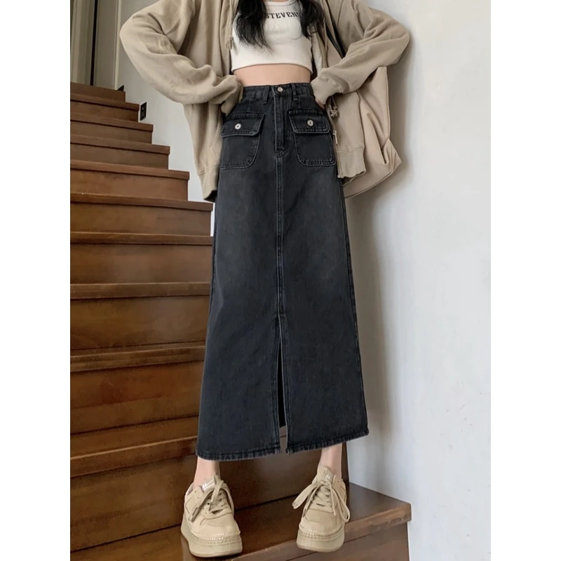 复古开叉牛仔半身裙女新款高腰胖mm大码显瘦A字包臀长裙黑色裙子