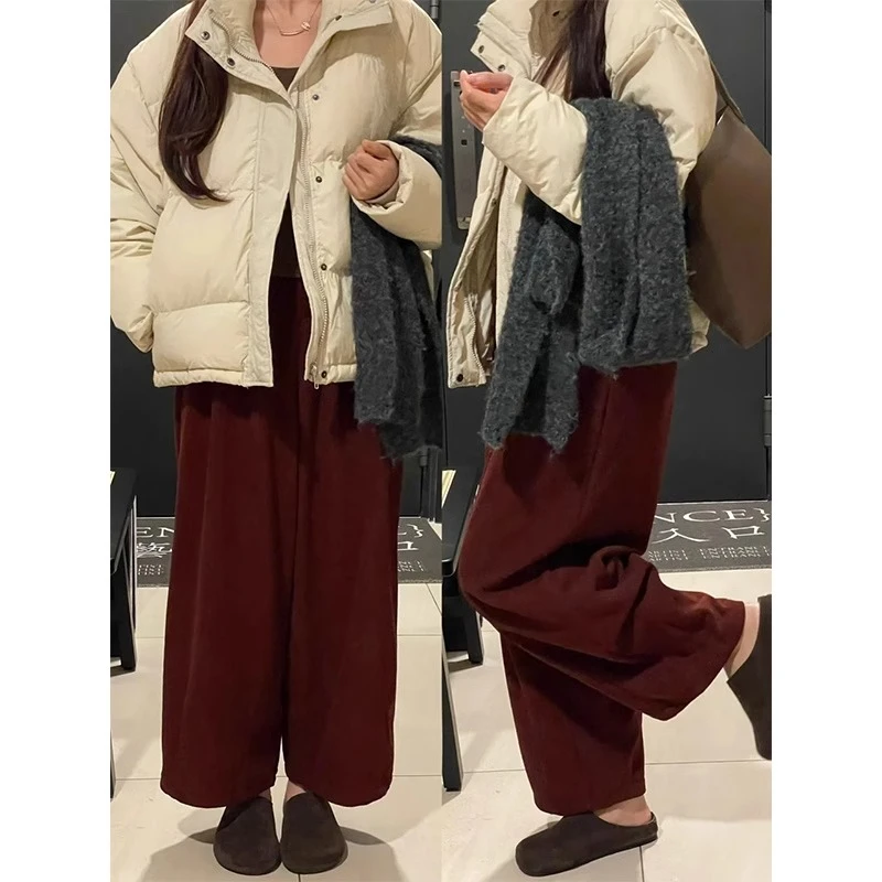 安可拉红色新款裤子女秋冬款梨形身材显瘦灯芯绒阔腿裤九分灯笼裤