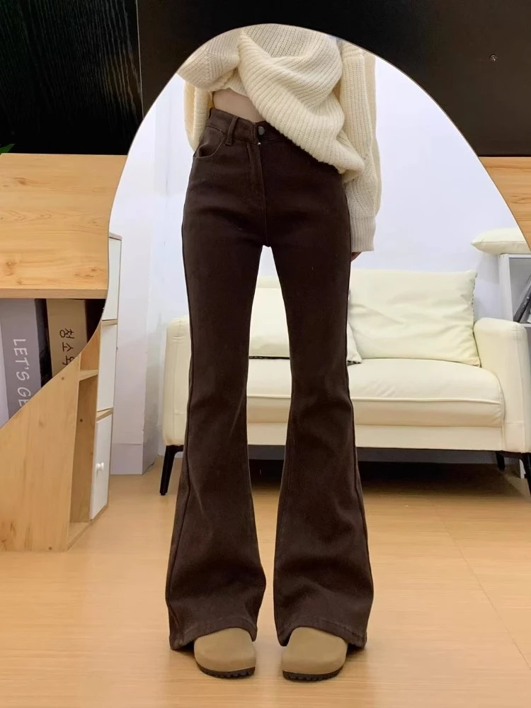 梨形身材咖色微喇牛仔裤女秋冬加绒大码胖MM高腰遮胯弹力马蹄裤子