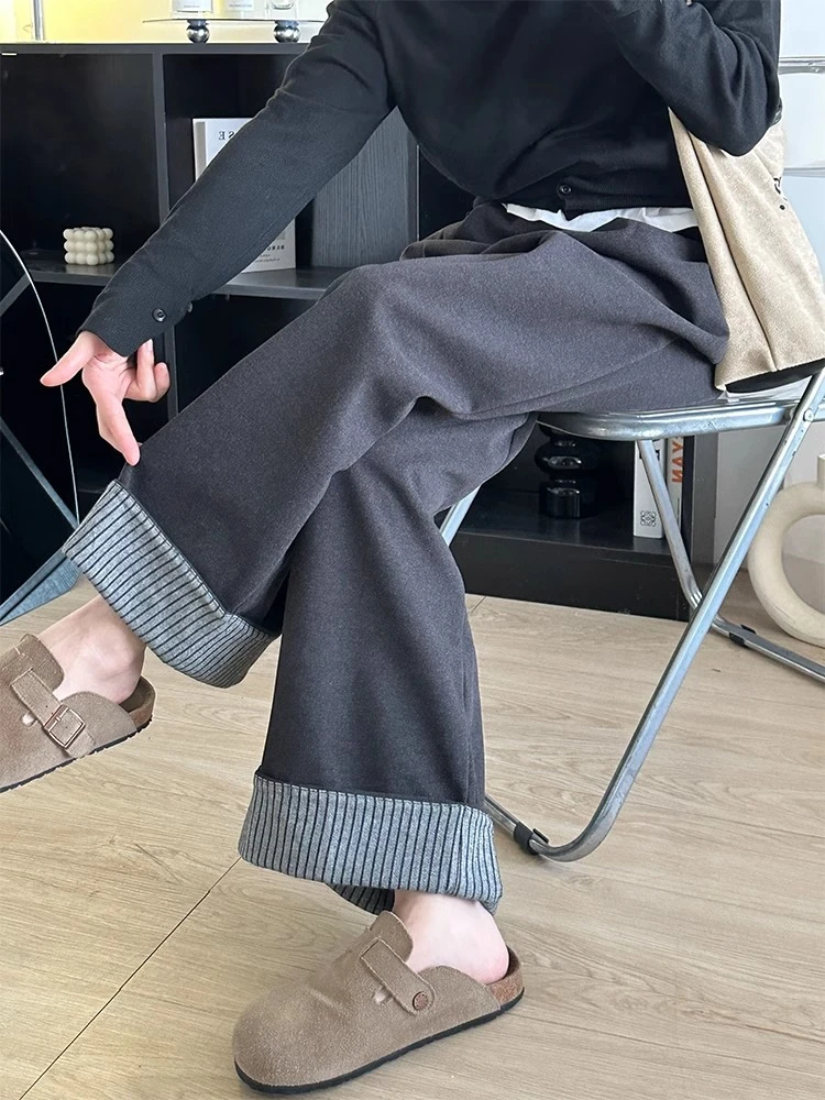 加绒毛呢休闲裤女秋冬胖mm大码梨形身材高腰遮胯复古卷边阔腿裤子