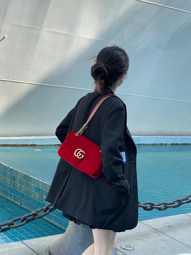 95新 GUCCI/古驰 红金22丝绒马蒙单肩包