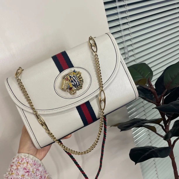 95新 GUCCI/古驰 经典白色虎头邮差包单肩包