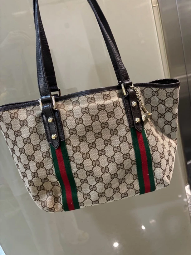 95新 GUCCI/古驰 小号帆布老花带吊坠托特单肩包