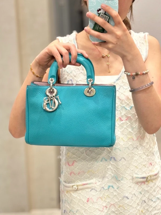 95新 DIOR/迪奥 Mini号湖水蓝全皮荔枝纹VIP手提单肩包