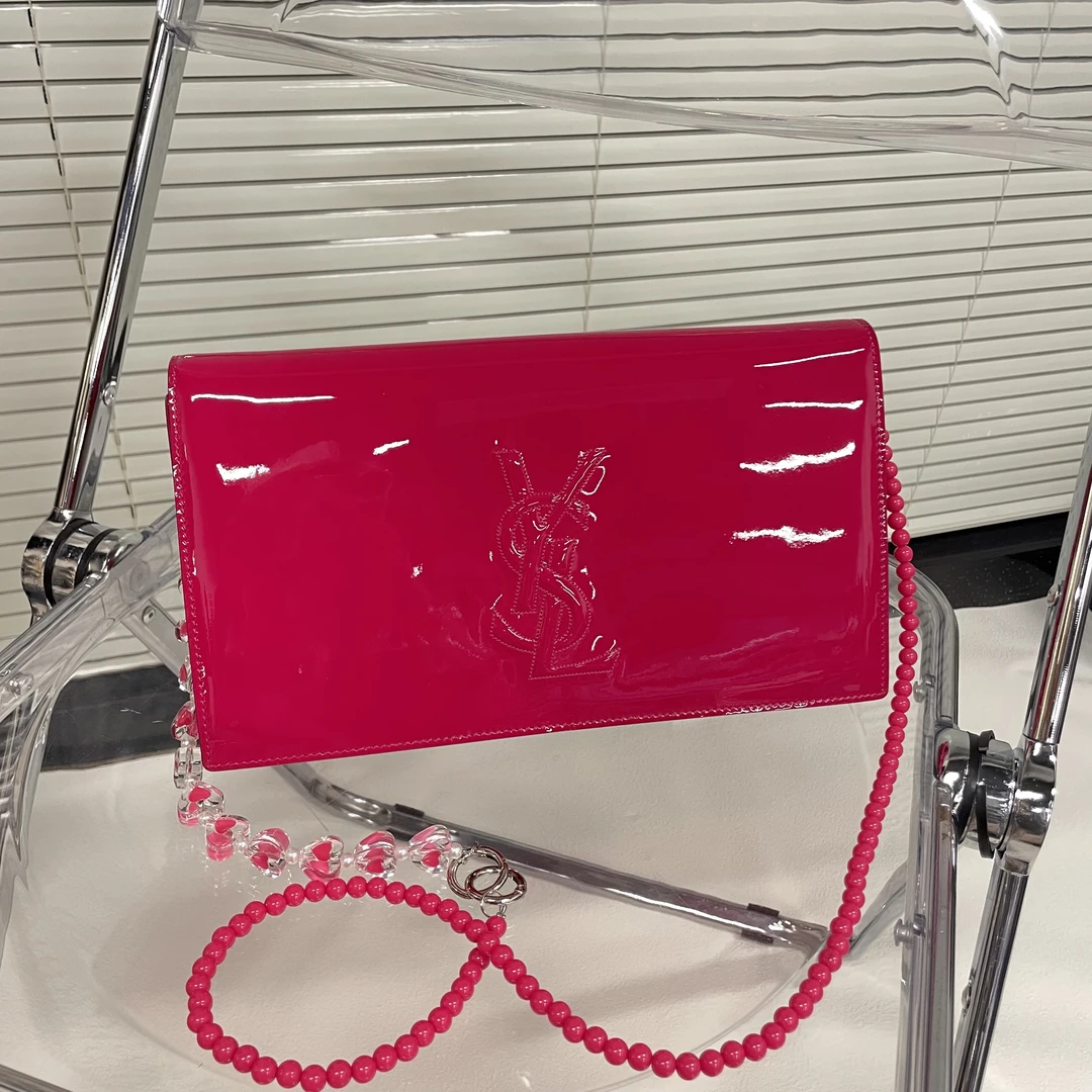 95新 YSL/圣罗兰 果冻粉漆皮浮雕Logo手拿单肩包