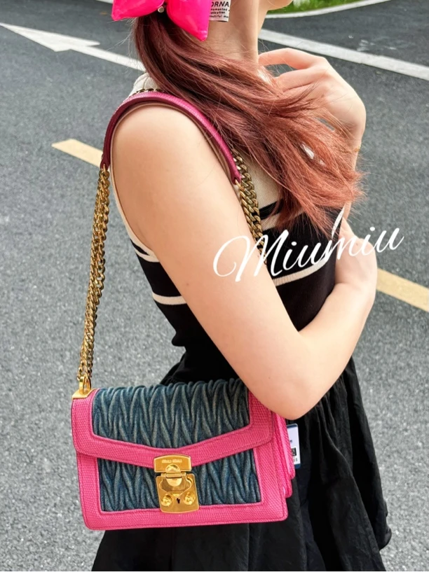 95新 MIU MIU/缪缪 限量款褶皱牛仔拼蜥蜴压纹风琴单肩包
