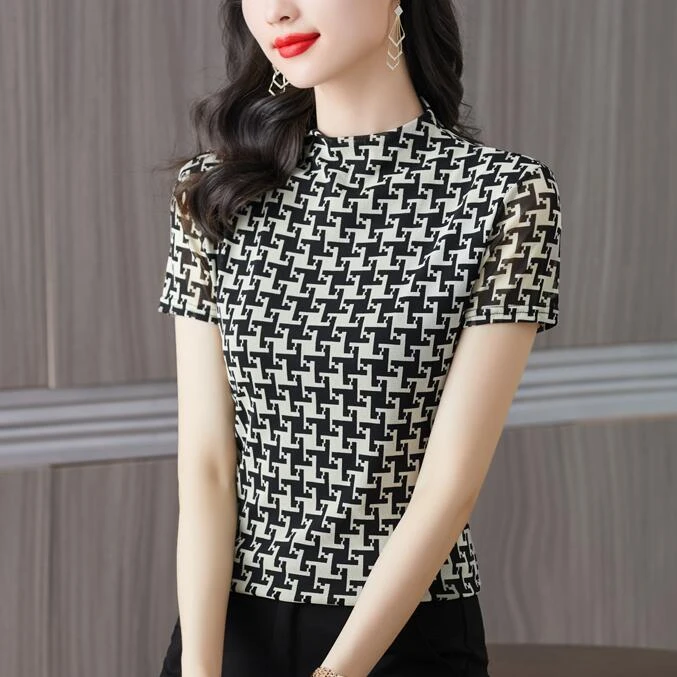 半高领短袖T恤女2025夏季新款网纱弹力洋气小衫中国风印花上衣