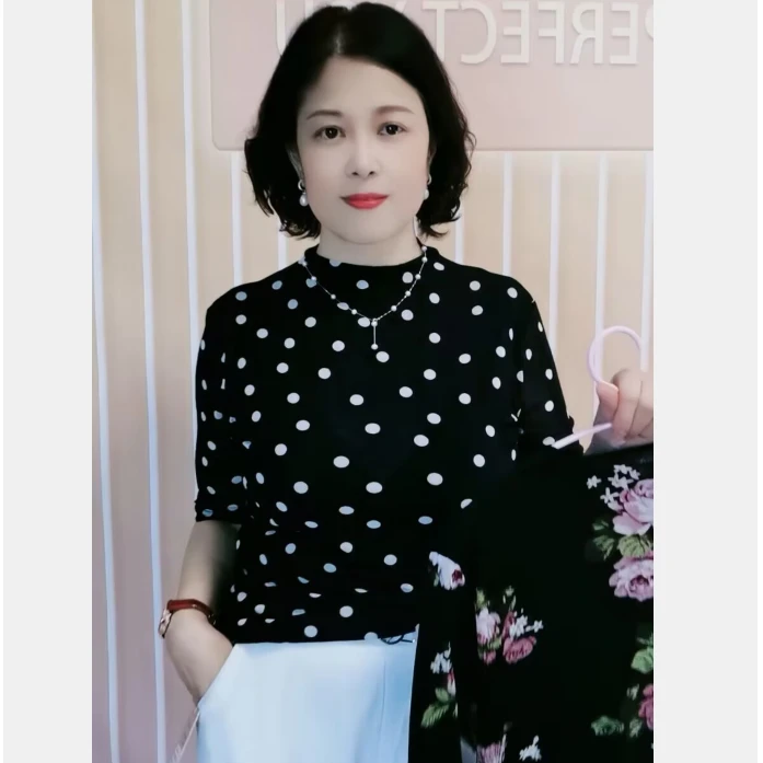 【彤外婆推荐】波点网纱打底衫女中袖夏季新款上衣洋气小衫气质T恤