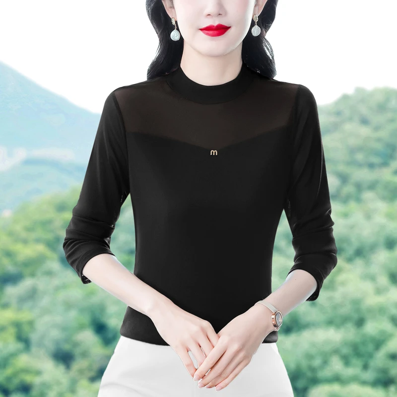 2025秋冬新款高弹网纱半高领打底衫显瘦洋气长袖女上衣小衫T恤