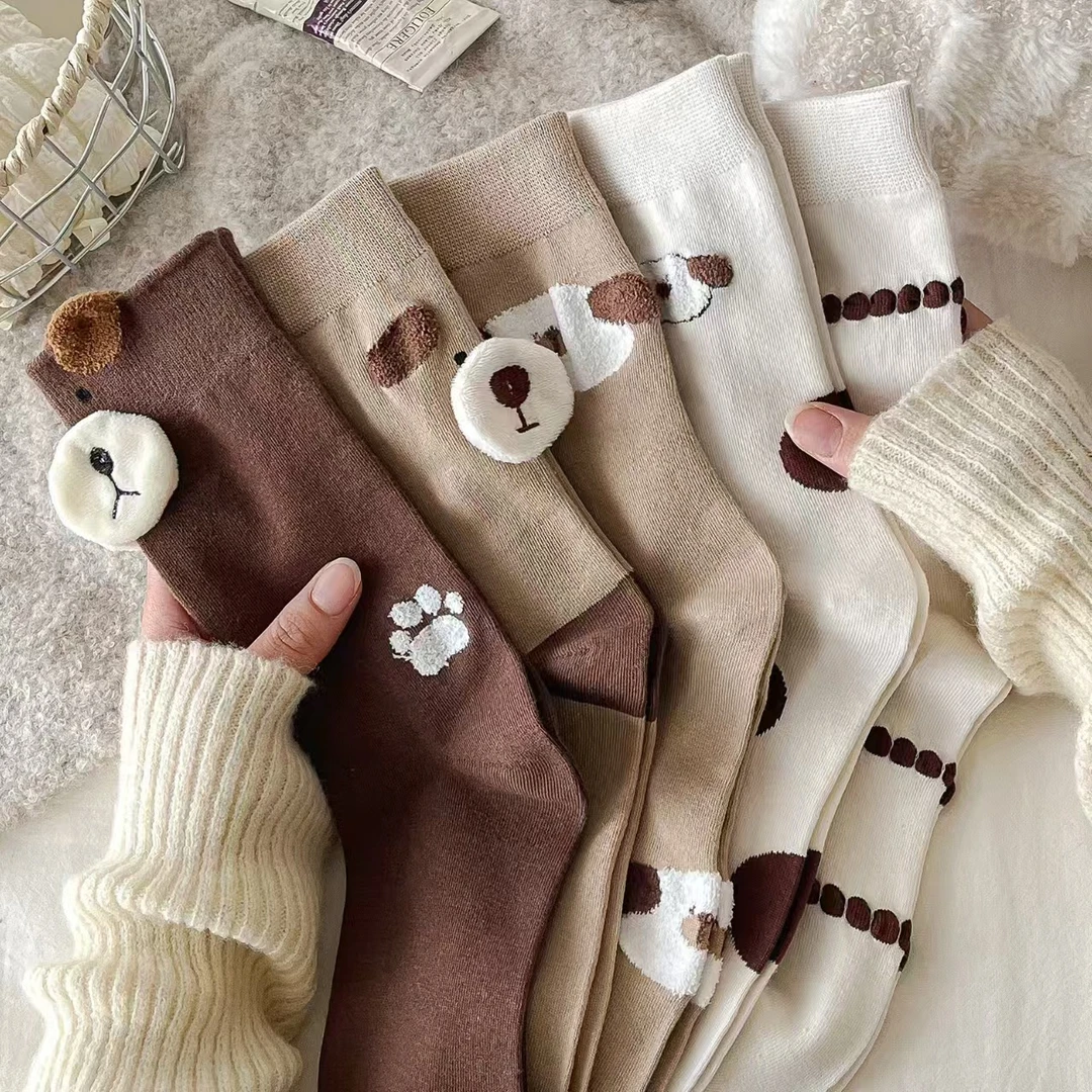 秋季新款袜子女可爱卡通小狗立体小熊棉袜日系风简约百搭中筒袜女