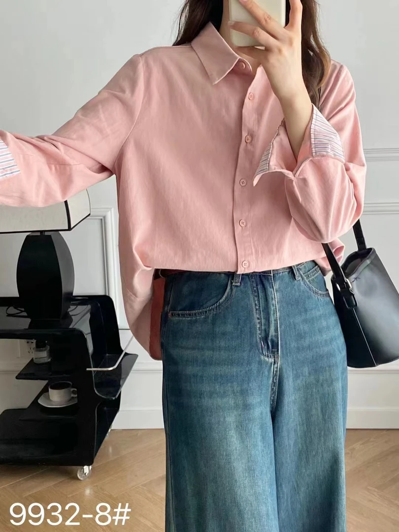 花家/纯色/叠穿细节/休闲/磨毛简约设计感百搭翻领长袖衬衫秋季