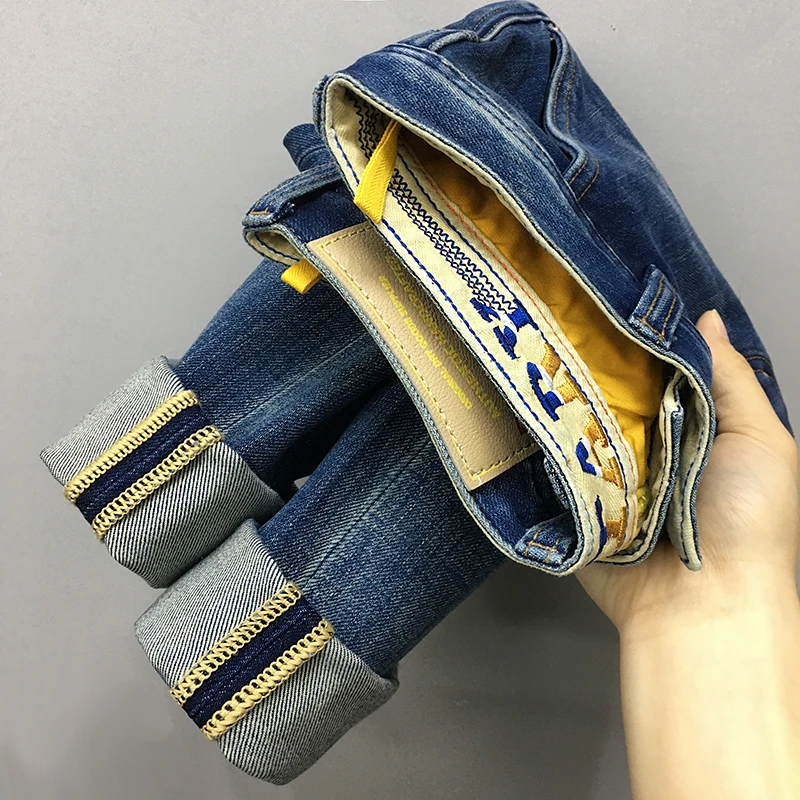 高端四面弹潮流牛仔裤男水洗蓝修身小直筒长裤简约百搭刺绣九分裤