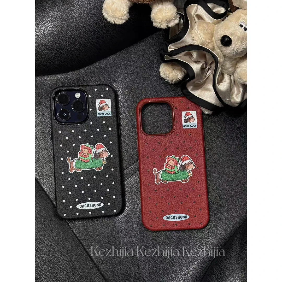 【壳之】新款荔枝纹圣诞腊肠狗适用苹果16/15/14Promax13高级手机壳