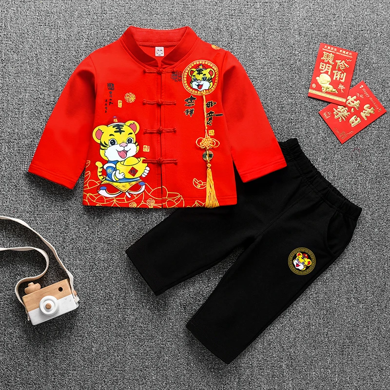 抓周衣服男童汉服中国风男宝宝周岁礼服秋季婴儿中式红色高档套装