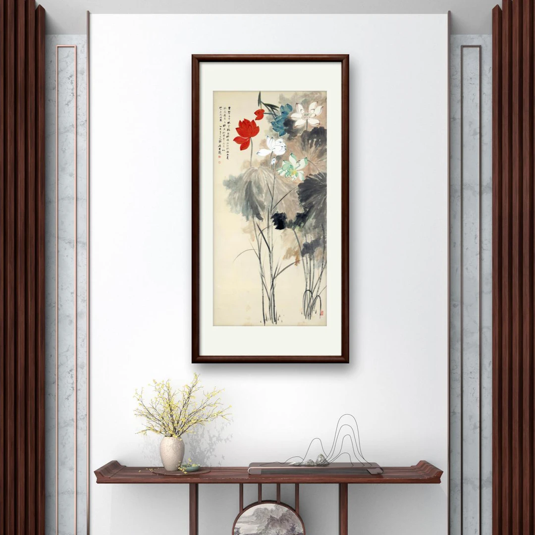 新中式带框装裱玄关《五色荷花》微喷复刻办公室客厅书房字画挂墙