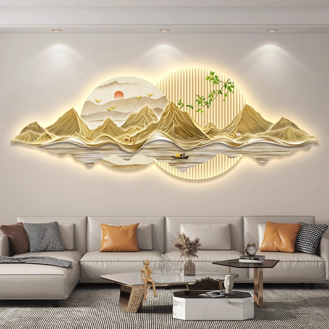 现代轻奢客厅装饰画led带灯沙发背景墙挂画壁画简约高级感山水画