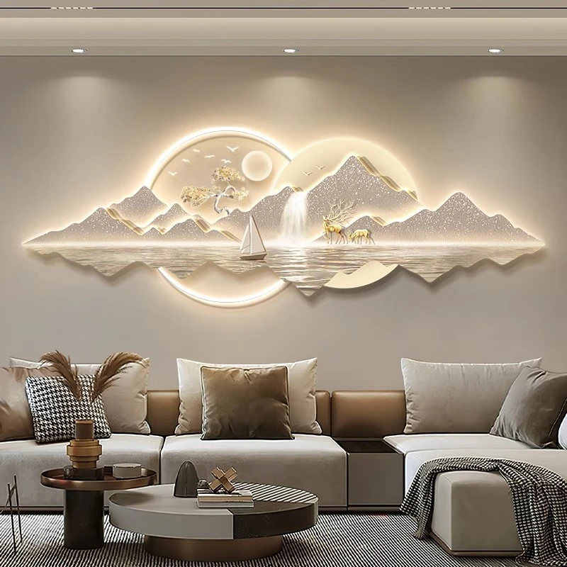 现代轻奢山水画魅力挂画背有靠山沙发背景墙装饰画高级感墙壁灯画