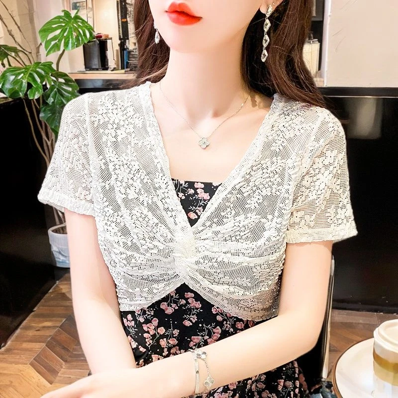 超仙短袖夏旗袍披肩女夏气质坎肩蕾丝上衣罩衫吊带裙外搭网纱外穿