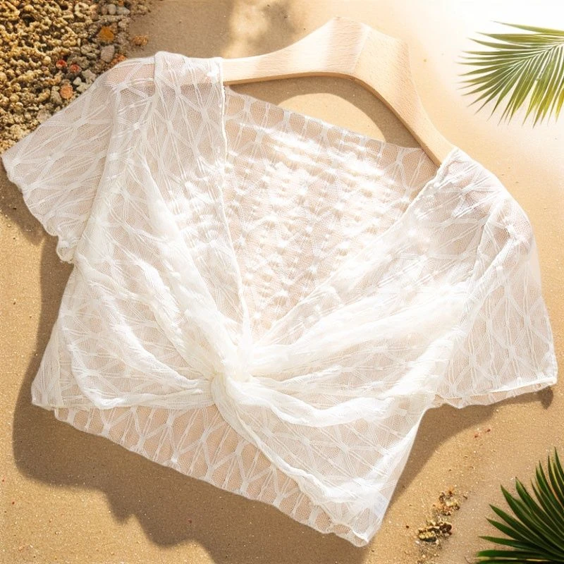 通勤短袖夏旗袍披肩女夏超仙坎肩蕾丝上衣罩衫吊带裙外搭网纱外穿