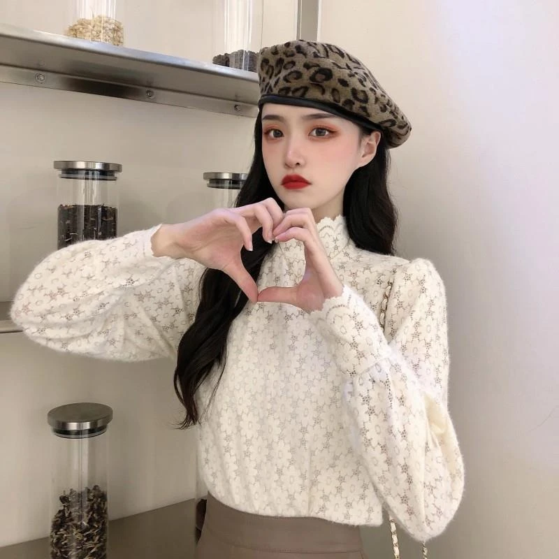 蕾丝打底衫秋冬新款时尚加厚泡泡袖修身百搭长袖上衣女